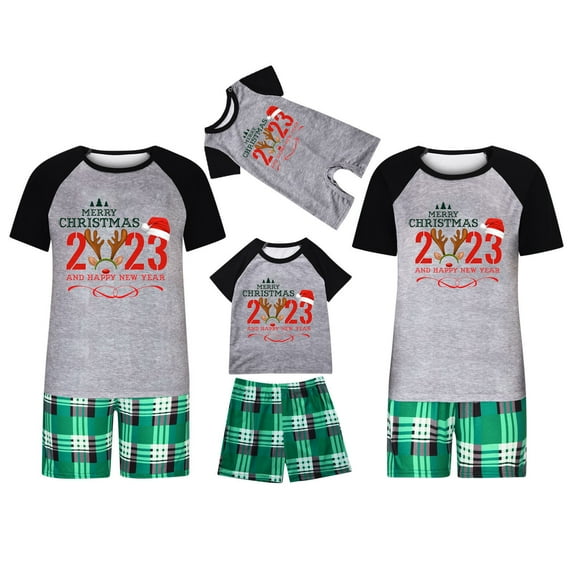 Penkiiy Matching Family Pajamas Christmas Pajamas for Family Xmas Matching Sets Short Sleeve Shirts and Plaid Shorts Santa Christmas Tree Sleepwear Two-piece Sets Gray S