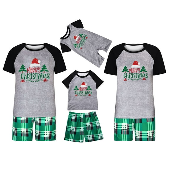 Penkiiy Matching Family Pajamas Christmas Pajamas for Family Xmas Matching Sets Short Sleeve Shirts and Plaid Shorts Santa Christmas Tree Sleepwear Two-piece Sets Gray XL