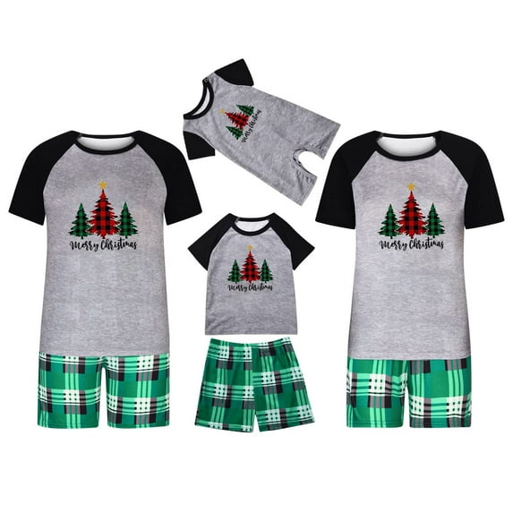 Penkiiy Matching Family Pajamas Christmas Pajamas for Family Xmas Matching Sets Short Sleeve Shirts and Plaid Shorts Santa Christmas Tree Sleepwear Two-piece Sets Green M