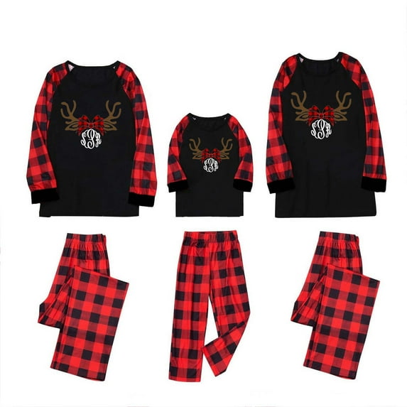 Penkiiy Matching Family Pajamas Sets Christmas PJ's with Letter and Plaid Printed Long Sleeve Tee and Bottom Loungewear Red XL