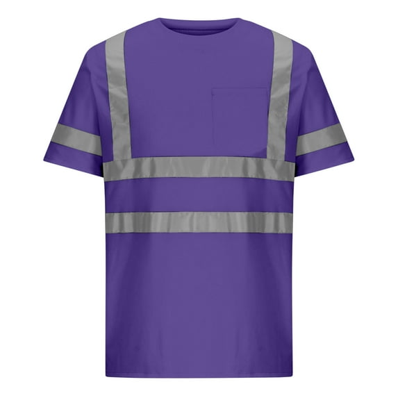 Penkiiy Men And Women's Single Pocket Reflective Strip Round Neck Short Sleeved Breathable Casual Loose Unisex Solid Color Tops 2XL Purple