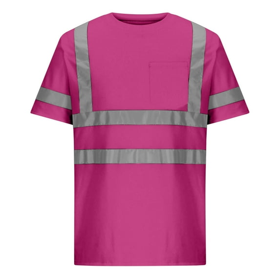 Penkiiy Men And Women's Single Pocket Reflective Strip Round Neck Short Sleeved Breathable Casual Loose Unisex Solid Color Tops S Hot Pink