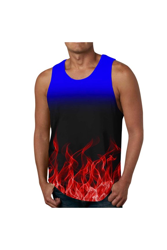 Men Casual Fashion Flame Printing Pullover Round Neck Sports Tank Tops M Red