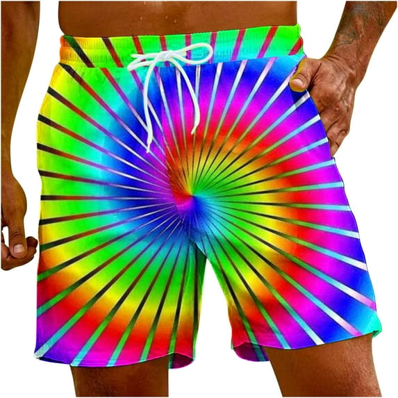Penkiiy Men Casual Fashion Rainbow Print Shorts Pants with Pockets Elastic Waist Color Block Beach Pants Artistic Short Pants 2XL Multicolor