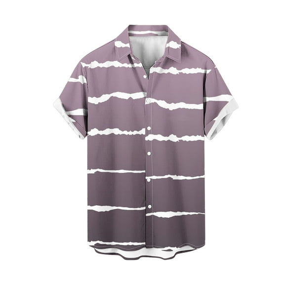 Penkiiy Men Casual Fashion Turndown Collar Stripe Printing Short Sleeve Button Shirt Tops Blouse 3XL Coffee