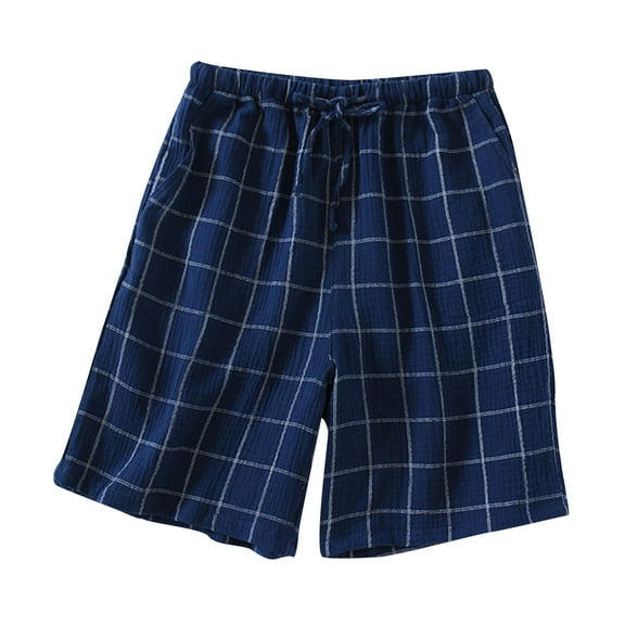 Penkiiy Men Casual Plaid Summer Solid Elastic Waist Cotton-crepe Home Pants Shorts Mens Versatile Shorts L Dark Blue On Clearance