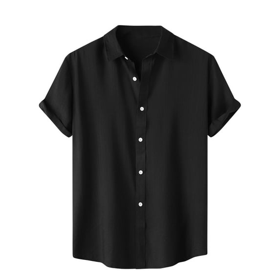 Penkiiy Men Casual Solid Turndown Short Sleeve Button Closure Shirt Hawaii Blouse 3XL Black