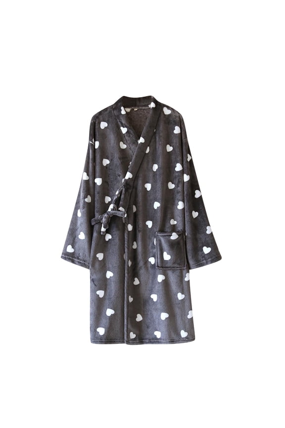 Men Cute Warm Flannel Plush Bathrobes Star Pattern Hooded Button up Long Robe M Gray