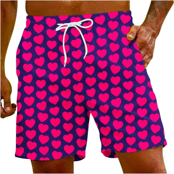 Penkiiy Men Drawstring Valentine's Day Love Print Beach Casual Trouser Shorts Pant 2XL Hot Pink