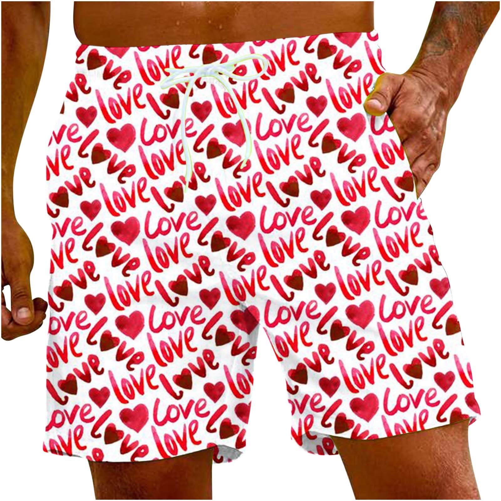 Penkiiy Men Drawstring Valentine's Day Love Print Beach Casual Trouser ...
