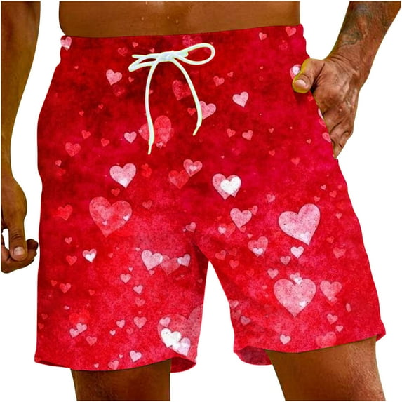 Penkiiy Men Drawstring Valentine's Day Love Print Beach Casual Trouser Shorts Pant XS Red