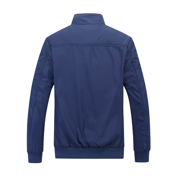 Penkiiy Men Jacket Zipper Pocket Ribbed Hem Non-hooded Sports Solid Top Coat Fleece Jacket Polyester Dark Blue on Clearance