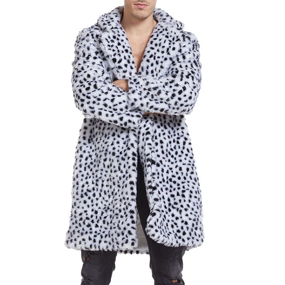 Penkiiy Men Leopard Winter Warm Fashion Outdoor Woolen Faux-Fur' Coat Collar OverCoat Flannel Shirt Jacket Polyester White on Sale