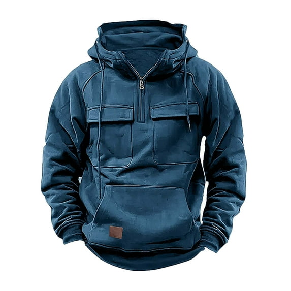 Penkiiy Men Tactical Sweatshirt Quarter Zip Cargo Pullover Hoodies Workout Gym Sports Running Outdoor Winter Jackets Blue