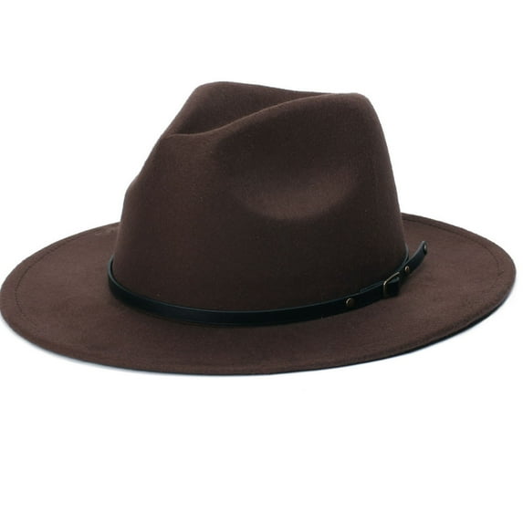 Penkiiy Men & Women Vintage Wide Brim Fedora Hat with Belt Buckle Panama Felt Fedora Hat Classic Fedora Hat Coffee