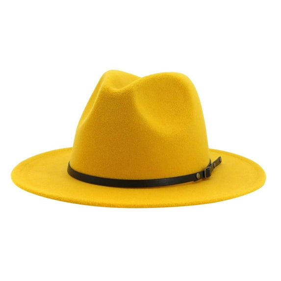 Penkiiy Men & Women Vintage Wide Brim Fedora Hat with Belt Buckle Panama Felt Fedora Hat Classic Fedora Hat Yellow