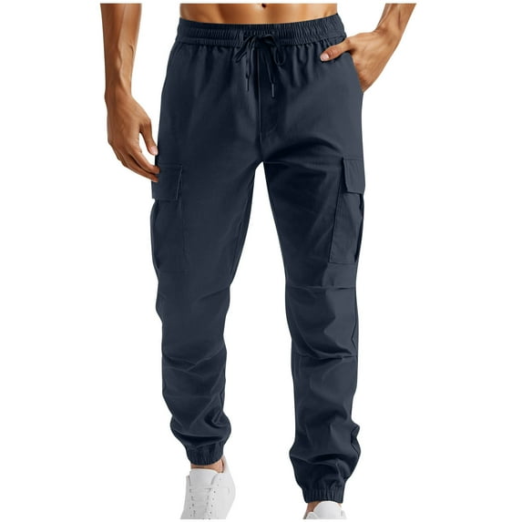 Penkiiy Men's Cargo Pants Drawstring Drawstring Stretch Waist Waist Twill Joggers Trousers with Pockets M Navy