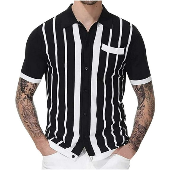 Penkiiy Men's Casual Short Short Sleeve Button-Down Shirts Striped Cotton Dress Shirt with Pocket Black Clearance