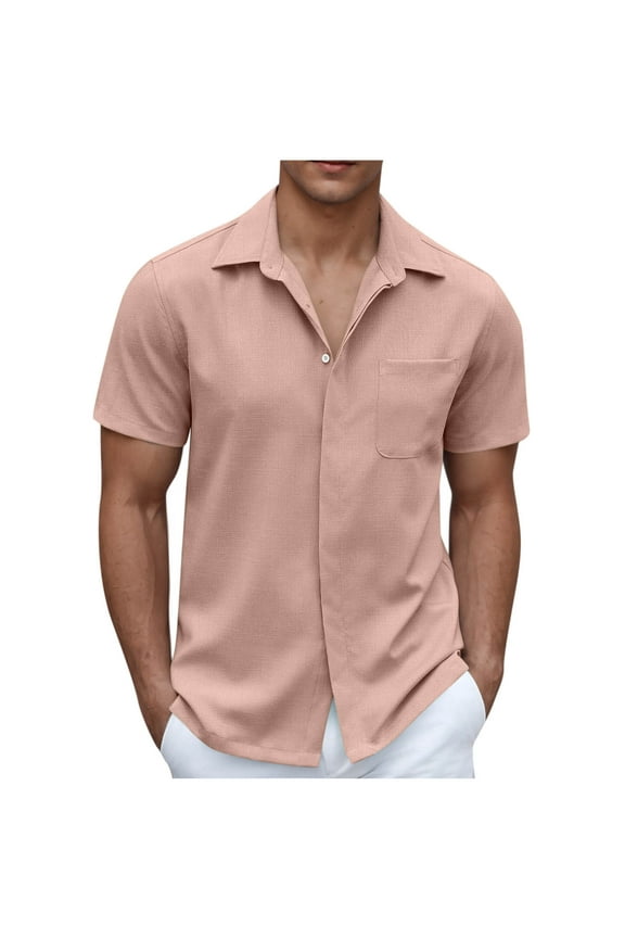 Men's Casual Short Sleeve Button-Down Shirt | Summer Breathable Lightweight Top with Hidden Buttons & Pockets M Pink