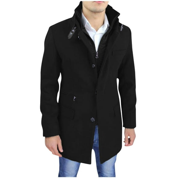 Penkiiy Men's Classic Long Pea Coat Warm Wool Blend Winter Trench Coat Single Breasted Overcoat with Detachable Collar M Black