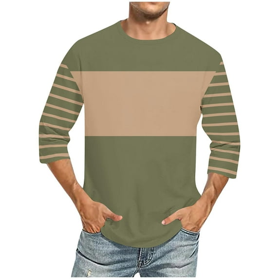 Penkiiy Men's Color Block T-Shirt | Trendy Casual 3/4 Sleeve Crew Neck Top | High Comfort Fit 4XL Army Green