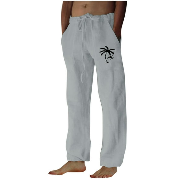 Penkiiy Men's Cotton Linen Pants Casual Elastic Waist Drawstring Pants Straight Yoga Pants Lightweight Summer Beach Pants 2XL Gray