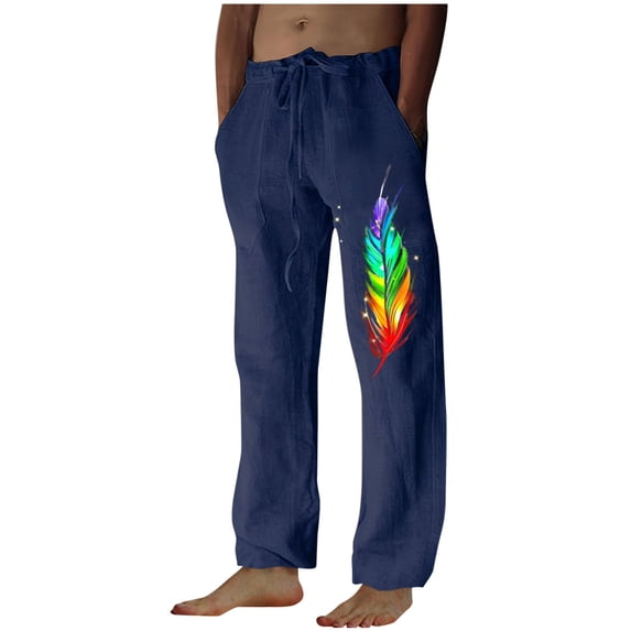Penkiiy Men's Cotton Linen Pants Casual Elastic Waist Drawstring Pants Straight Yoga Pants Lightweight Summer Beach Pants L Dark Blue