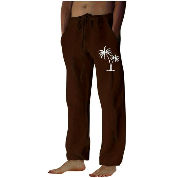 Penkiiy Men's Cotton Linen Pants Casual Elastic Waist Drawstring Pants Straight Yoga Pants Lightweight Summer Beach Pants XL Brown