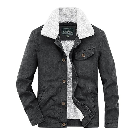 Penkiiy Men's Fashion Casual Thickened Lamb Coat Corduroy Coat Long Sleeve Stand Collar Zipper Pocket Leather Coat Windproof Warm Coat Motorcycle Jacket Cotton Gray on Clearance
