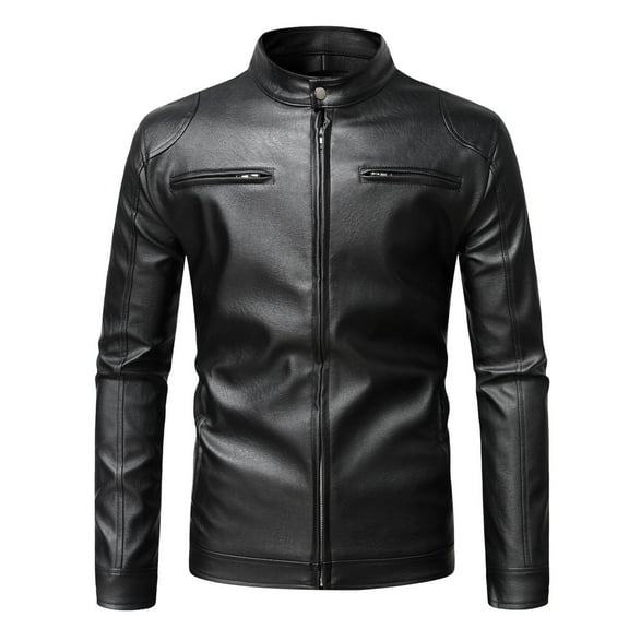Penkiiy Men's Fashion Casual Warm Thickened Leather Long Jacket Long Sleeve Lapel Pocket Zipper Slim Top Coat Windbreaker Jacket Leather Black on Sale