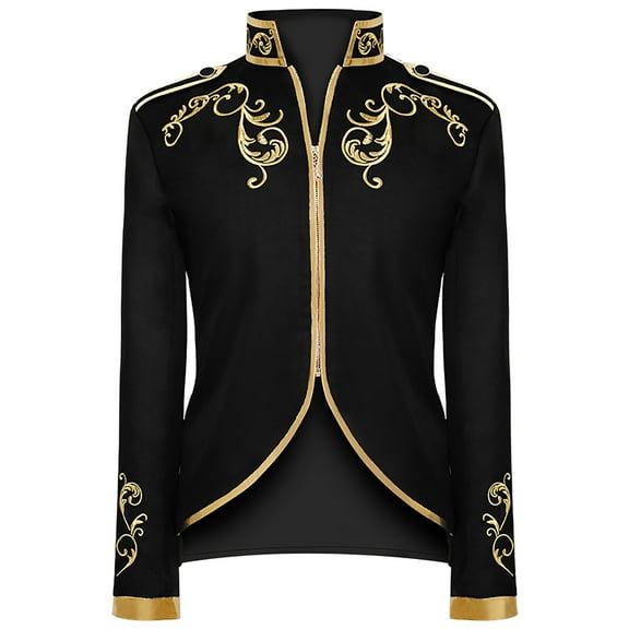 Penkiiy Men's Fashion Retro Style Stitching Suit Gold Embroidered Jacket Tuxedo Suit Set Polyester Black on Clearance