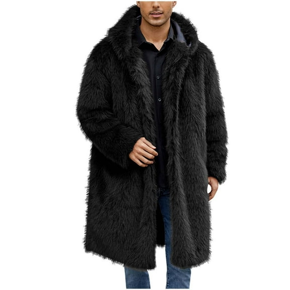 Penkiiy Men's Faux Fur Coat Long Open Front Cardigan Winter Fuzzy Fleece Jacket Warm Overcoat Turn Down Collar Coat L Black