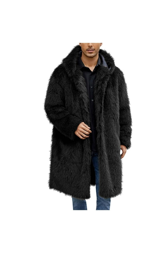 Men's Faux Fur Coat Long Open Front Cardigan Winter Fuzzy Fleece Jacket Warm Overcoat Turn Down Collar Coat S Black