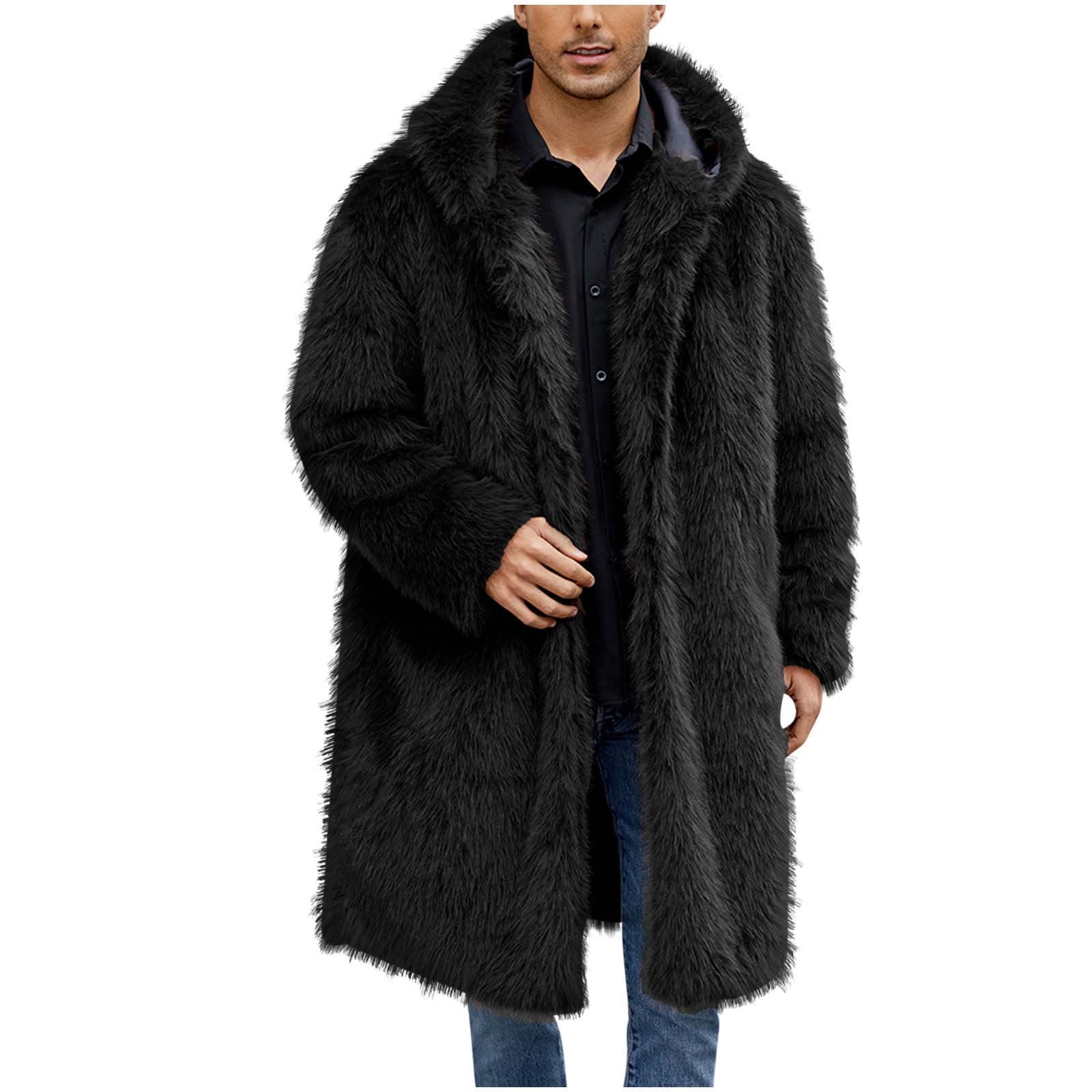 Black Men's Coat Faux Fur Long Sleeves Winter Outerwear