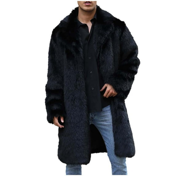 Penkiiy Men’s Faux Fur Long Coat Winter Warm Thicken Jacket Cardigan Fluffy Soft Plush Outerwear Overwear S-4XL Faux Fur Coat Men Black