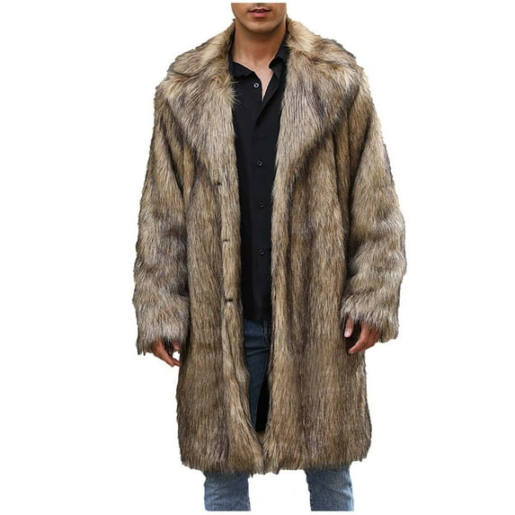 Penkiiy Men’s Faux Fur Long Coat Winter Warm Thicken Jacket Cardigan Fluffy Soft Plush Outerwear Overwear S-4XL Faux Fur Coat Men Khaki