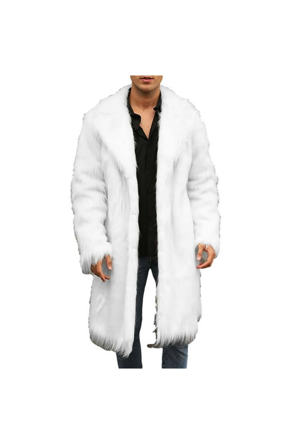 Men’s Faux Fur Long Coat Winter Warm Thicken Jacket Cardigan Fluffy Soft Plush Outerwear Overwear S-4XL Faux Fur Coat Men White