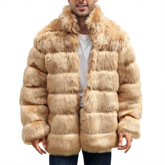 Penkiiy Men’s Faux Fur Short Coat Winter Leopard Warm Thicken Jacket Cardigan Fluffy Soft Plush Outerwear Overwear Faux Fur Coat Men Khaki