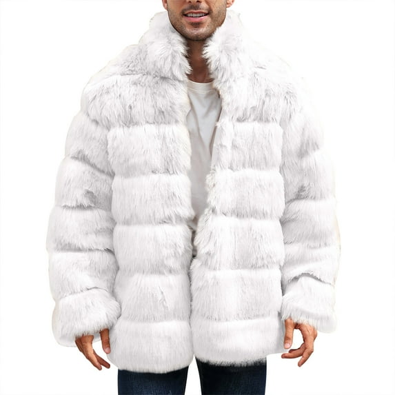 Penkiiy Men’s Faux Fur Short Coat Winter Leopard Warm Thicken Jacket Cardigan Fluffy Soft Plush Outerwear Overwear Faux Fur Coat Men White