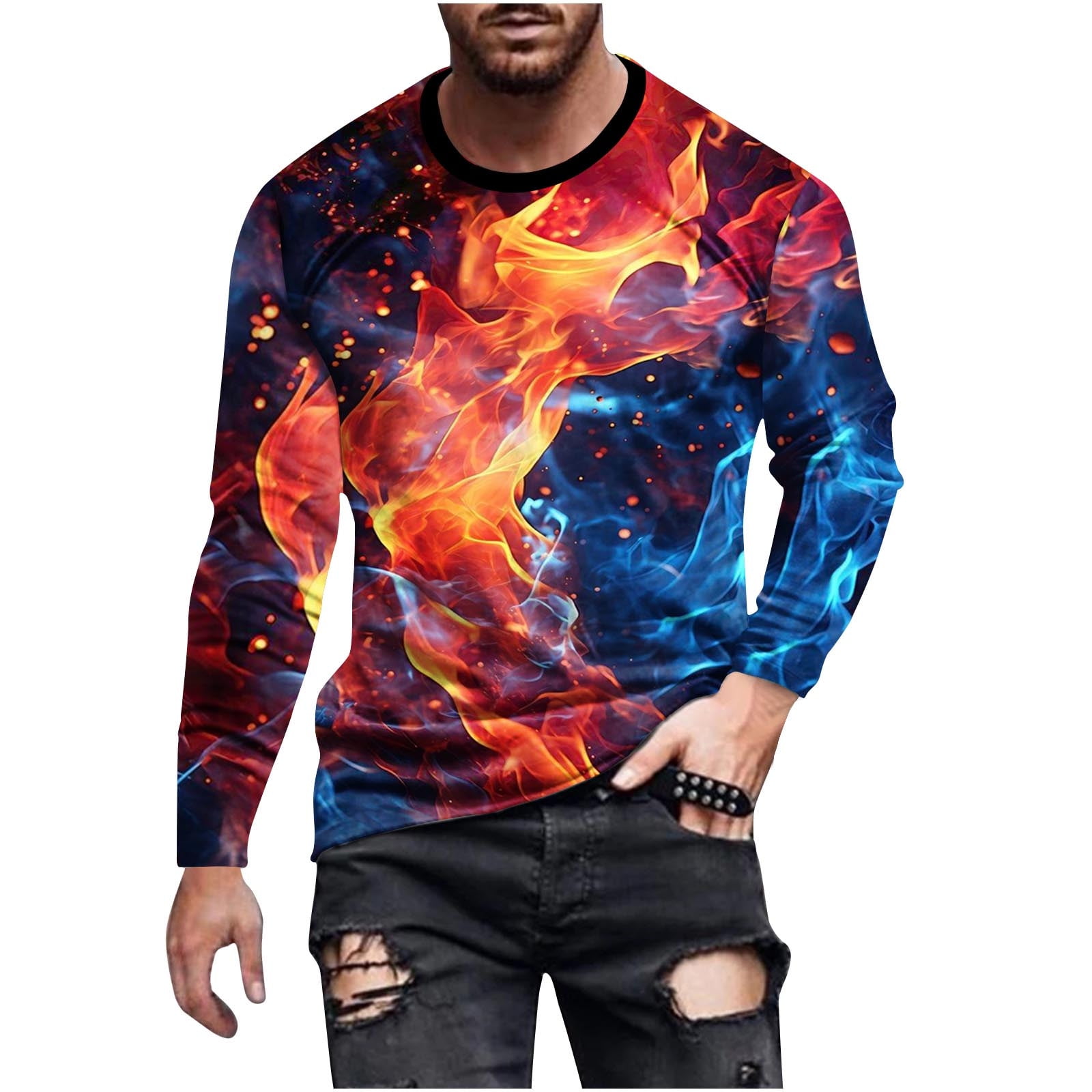 Penkiiy Men's Flame Stylish 3D Printed Graphic Long Sleeve T-Shirts 3D ...