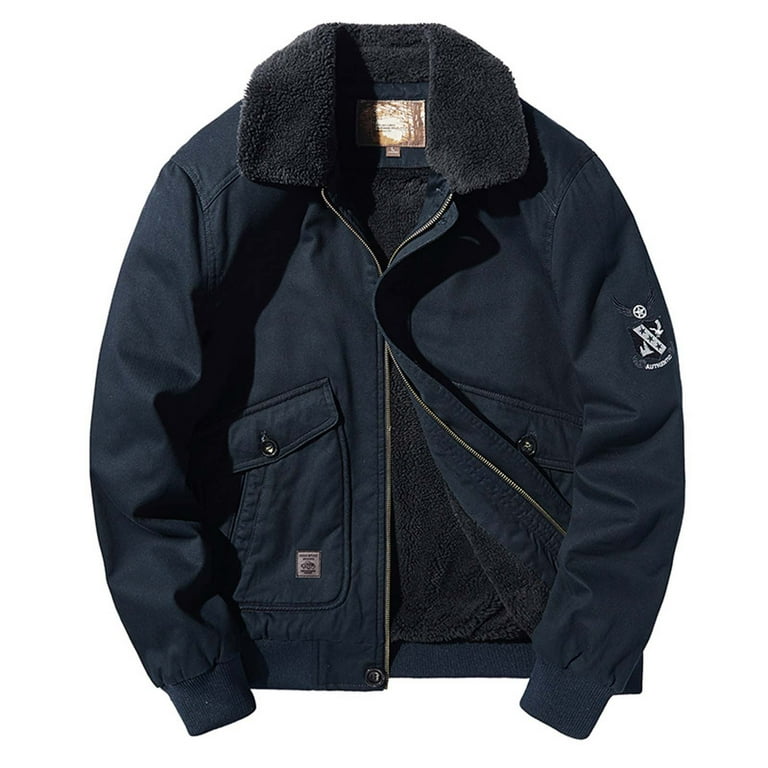 Penkiiy Men s Fleece Washed Cotton Lapel Jacket Men s Loose Work Jacket Sports Coats Cotton Dark Blue on Sale