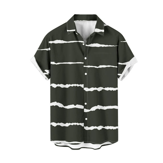 Penkiiy Men's Hawaiian Stripe Printing Shirt Short Sleeve with Pocket Beach Shirt Button Down Wrinkle Free XL Dark Gray