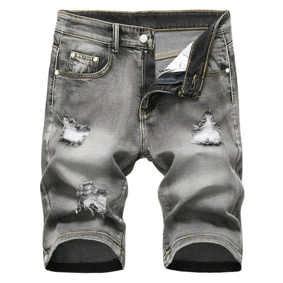 Penkiiy Men's High-end Ripped Personality Camouflage Stitching Trend Denim Shorts Mens Versatile Shorts S Gray On Clearance
