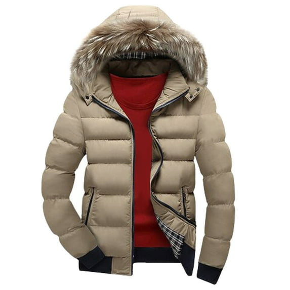 Penkiiy Men's Hooded Collar Winter Casual Padded Cotton Jacket Hoodies Sweatshirts Polyester Khaki on Clearance