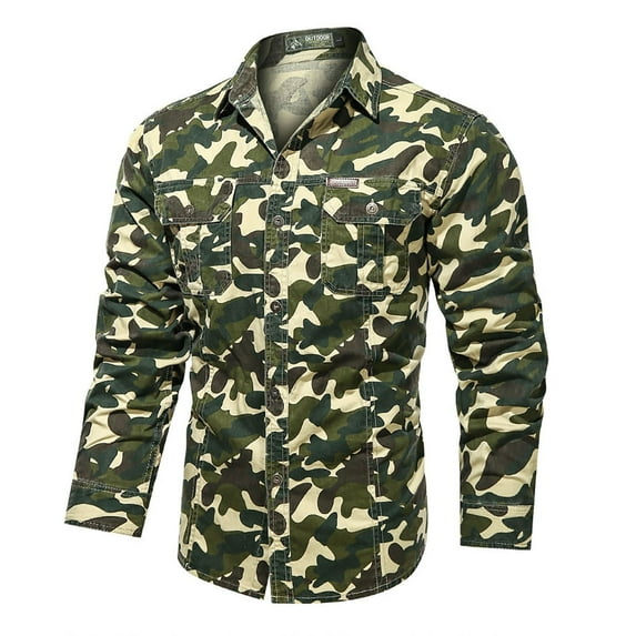 Penkiiy Men's Long Sleeve Button Up Camo Casual Dress Shirt Khaki Clearance