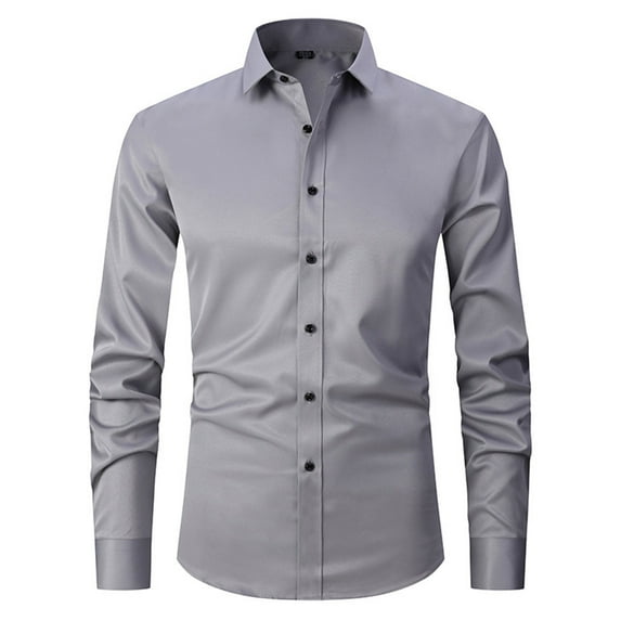 Penkiiy Men's Long Sleeve Dress Shirt Regular Fit Casual Button-Down Solid Shirts Long Sleeve Turndown Collar Blouse & Shirt L Gray