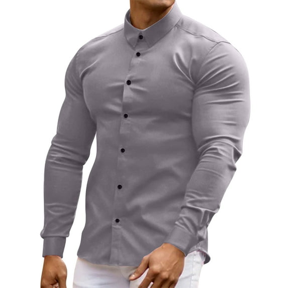 Penkiiy Men's Muscle Dress Shirts Slim Fit Stretch Long&Short Sleeve Casual Button Down Shirt Gray Clearance