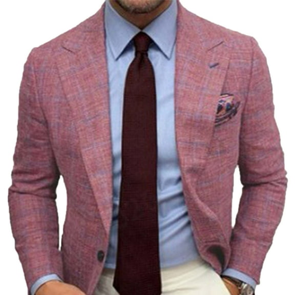 Penkiiy Men's Plaid lapel Long-Sleeved Business Casual Suit Blazer Jackets Lightweight Sports Coats One Button Red Clearance