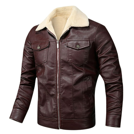 Penkiiy Men's Plus Velvet Padded Lapel Casual Zipper Side Seam Pocket Jacket Leather Jacket Classic Jacket PU Wine on Clearance