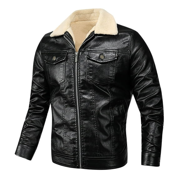 Penkiiy Men's Plus Velvet Padded Lapel Casual Zipper Side Seam Pocket Jacket Leather Jacket Sports Coats PU Black on Clearance